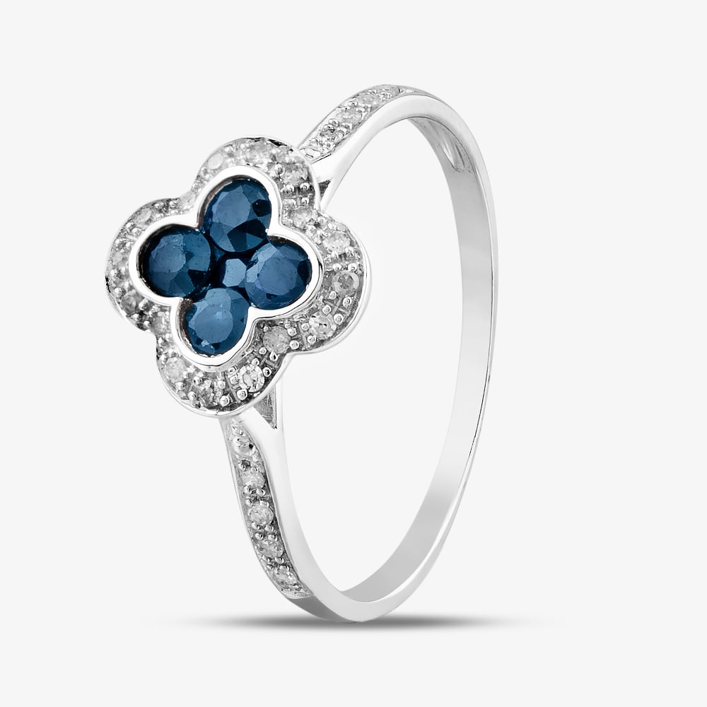 9ct White Gold Sapphire & Diamond Quatrefoil Shaped Cluster Ring PR10950 SA L