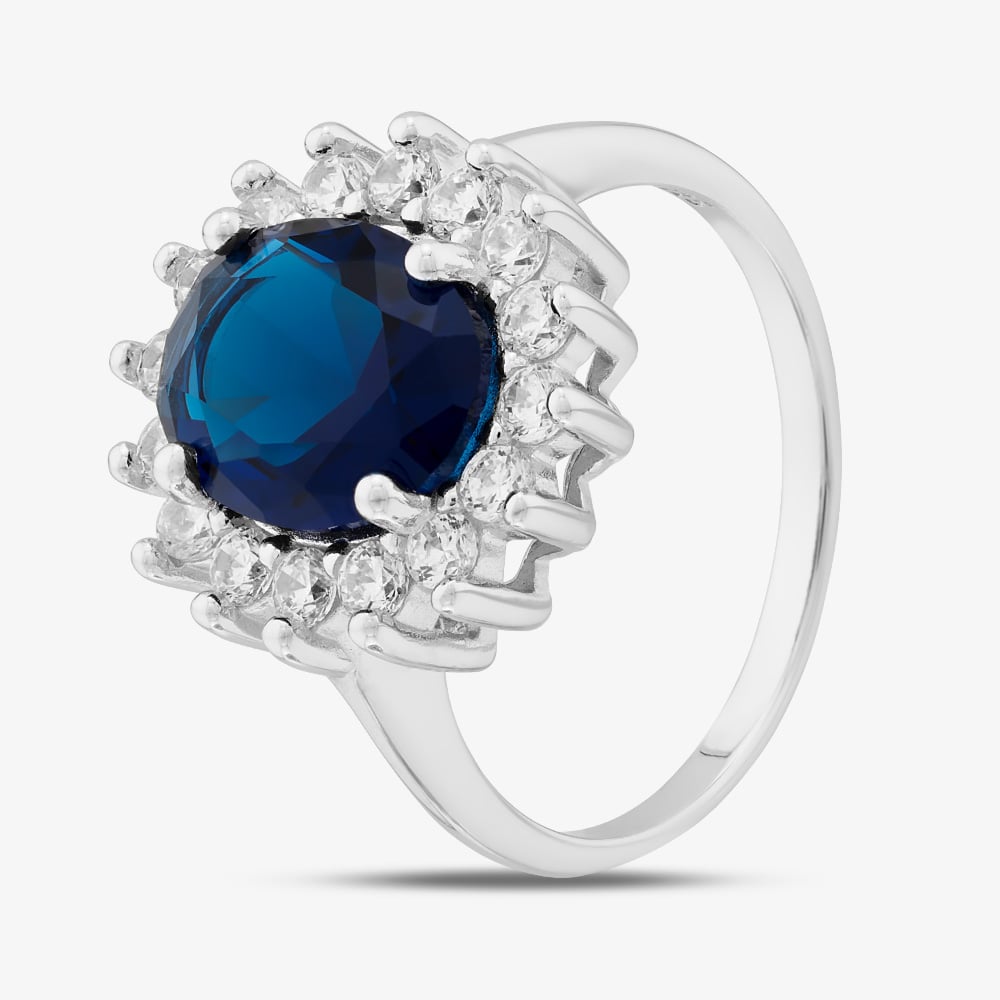 Sterling Silver Oval Cut Blue Cubic Zirconia Cluster Ring S2159-O