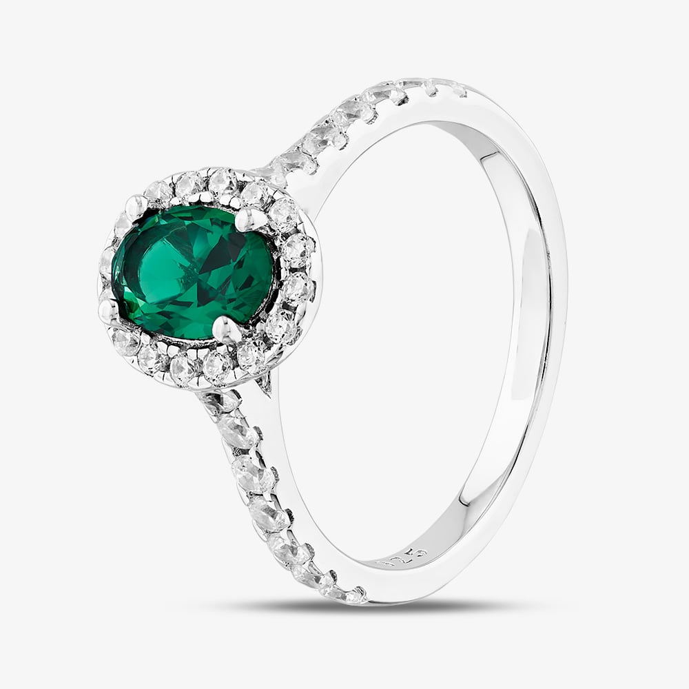 Sterling Silver Oval Cut Green Cubic Zirconia Shoulder Set Cluster Ring S2173-O
