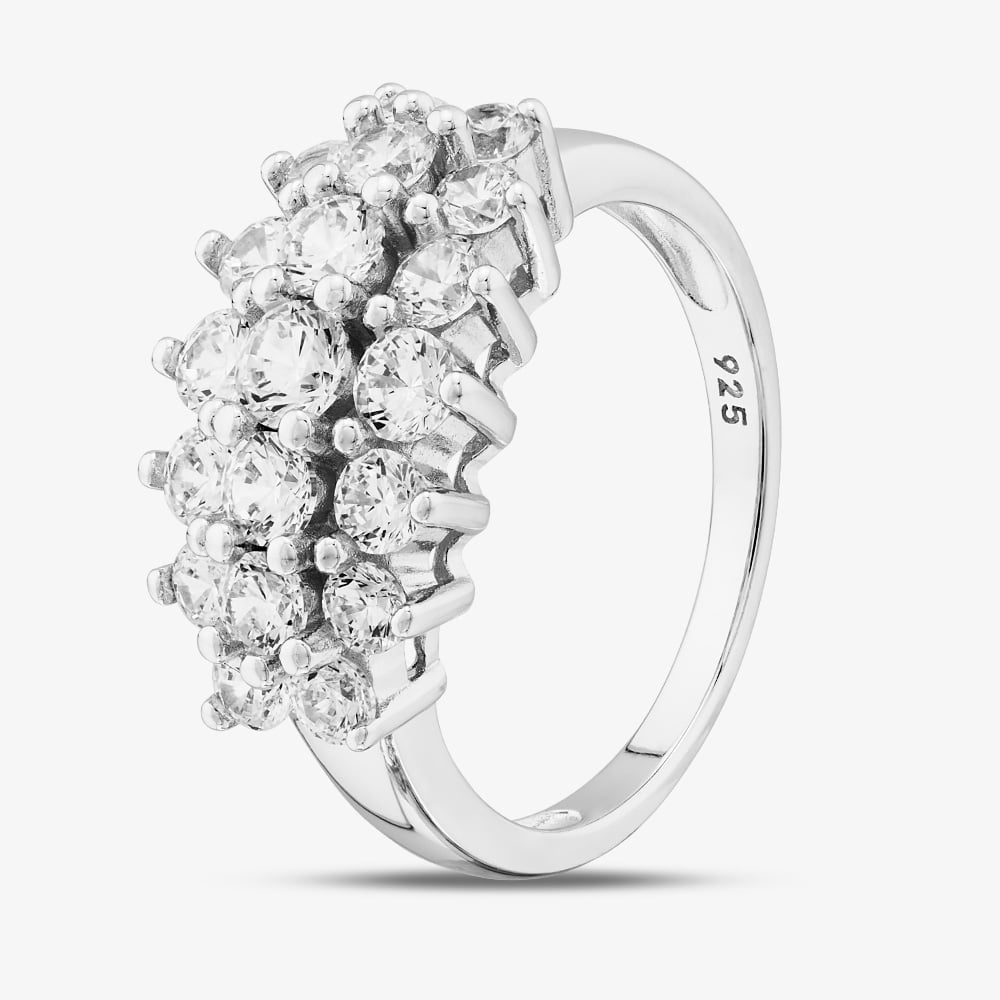 Sterling Silver Brilliant Cut Cubic Zirconia Three Row Cluster Ring S2091-P