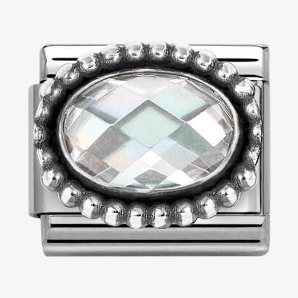 Nomination Silver And White Faceted Cz, With Oxidized Oval Beaded Rich Setting Charm