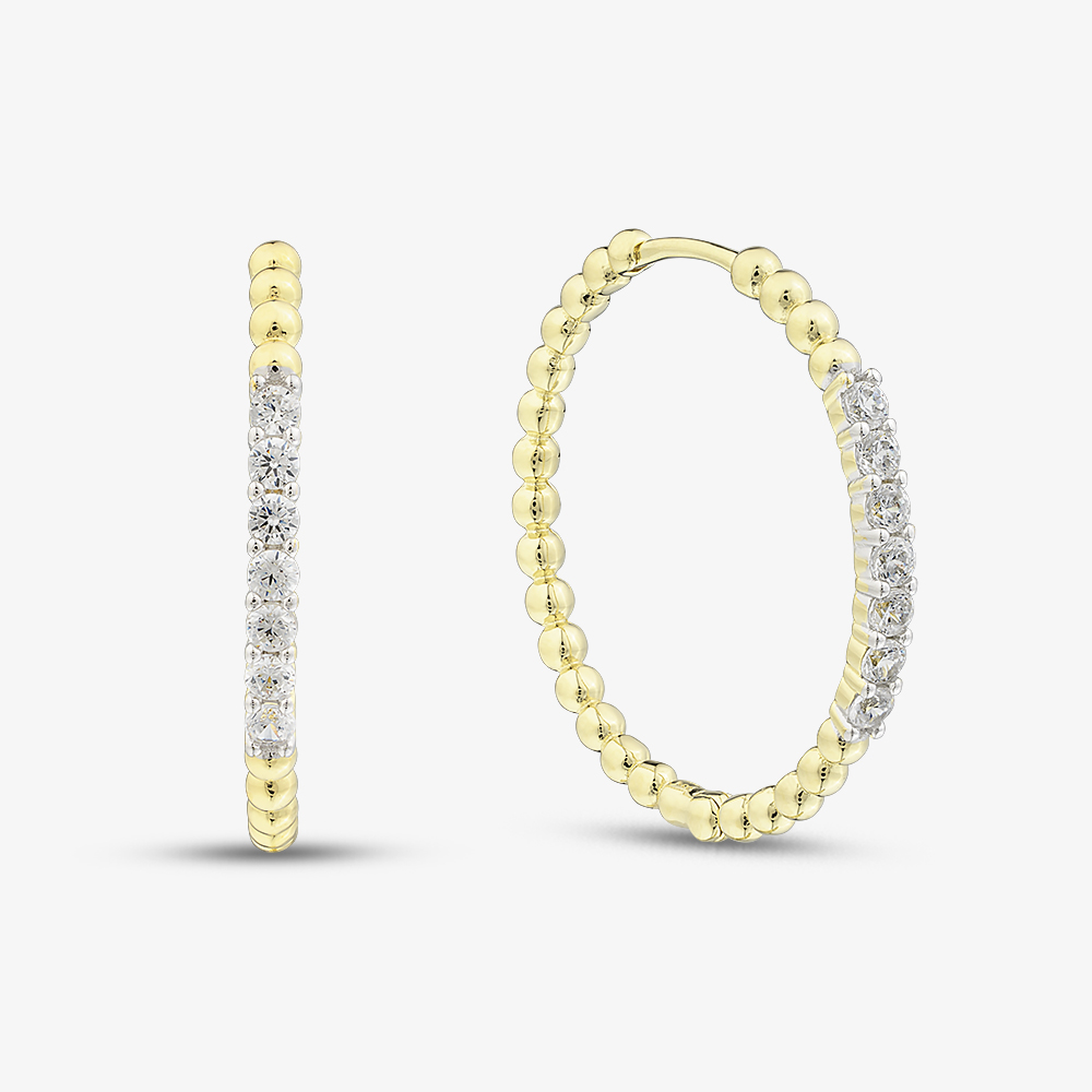 Gold Tone Plated Cubic Zirconia Beaded Hoop Earrings ME-1070GO