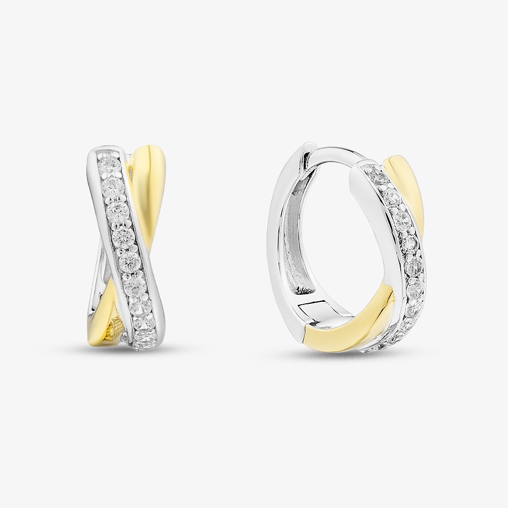 Two-Tone Cubic Zirconia Cross Over Hoop Earrings ME-1069GO