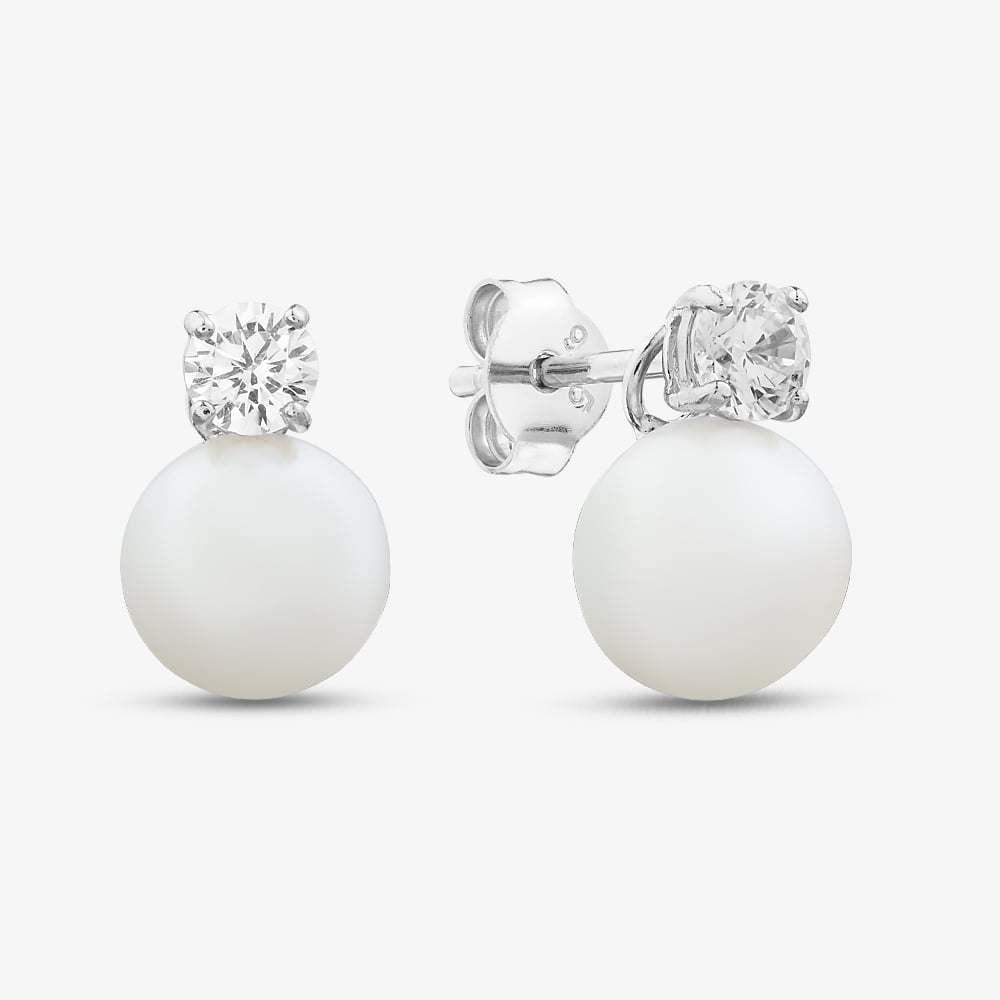 Silver Round Cut Cubic Zirconia & Pearl Drop Stud Earrings ERD4+PE8 (BK)