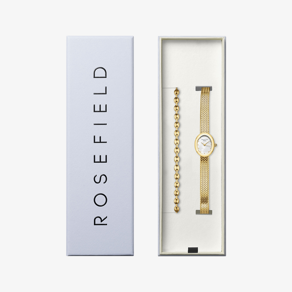 ROSEFIELD Ladies Mini Oval White Mother of Pearl Dial Golden Bracelet Watch & Coffee Bean Bracelet Gift Set MOGCB-X289