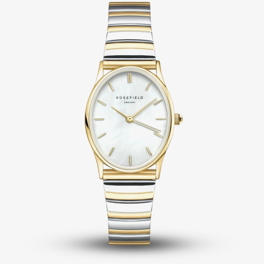 ROSEFIELD Ladies Oval White Mother of Pearl Dial Two Tone Bracelet Watch OVWDSG-OV17