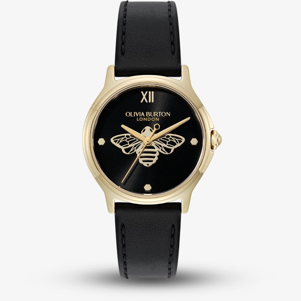 Olivia Burton Ladies Classic Bee Black Leather Strap Watch 24000344
