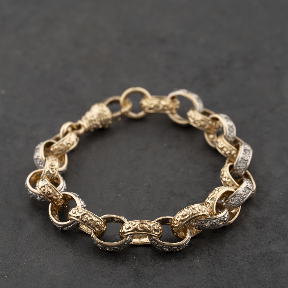 Second Hand 9ct Two Colour Gold Cubic Zirconia 8 Inch Belcher Chain Bracelet 41081313
