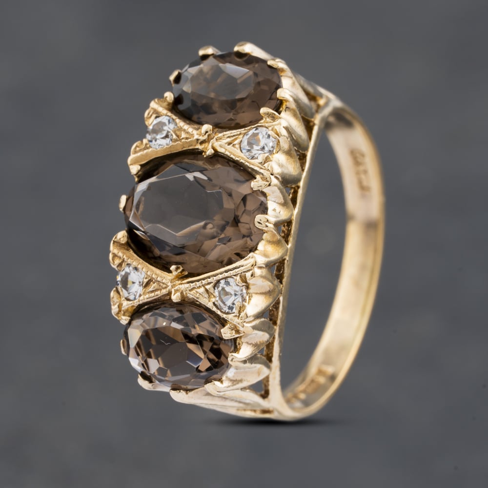 Second Hand 9ct Yellow Gold Smokey Quartz & White Spinel Seven Stone Ring 41102921