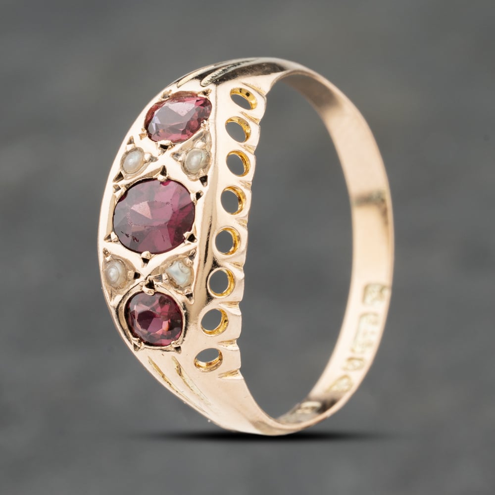 Second Hand Vintage 9ct Yellow Gold Amethyst & Seed Pearl Oval Ornate Dress Ring 41103248