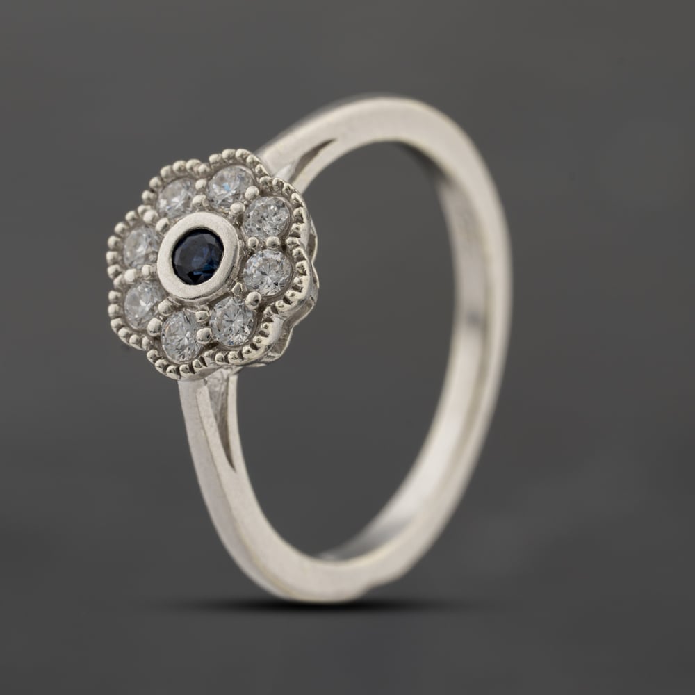 Second Hand 9ct White Gold Sapphire & Cubic Zirconia Flower Cluster Ring 41103691