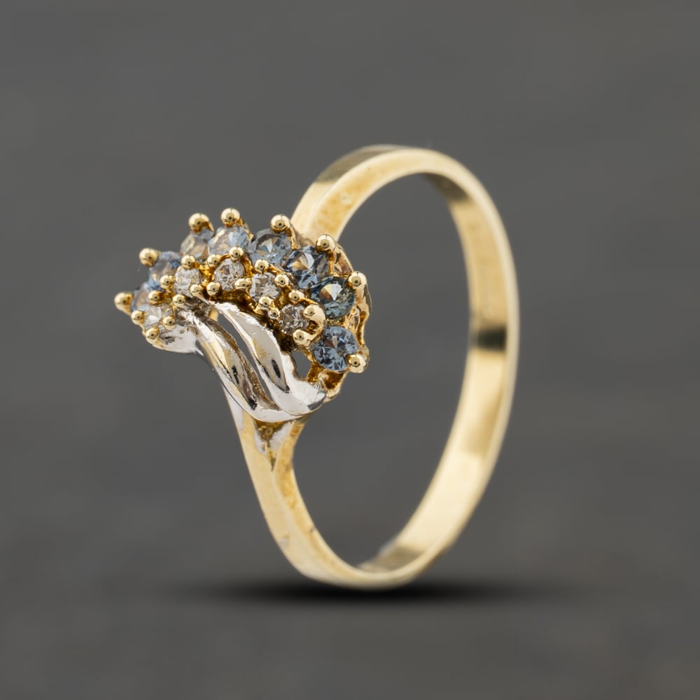 Second Hand 9ct Two Colour Gold Blue Topaz & Cubic Zirconia Twist Dress Ring 41103739