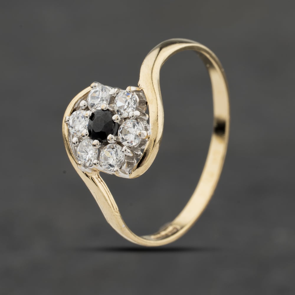 Second Hand 9ct Yellow Gold Cubic Zirconia & Sapphire Flower Cluster Ring 41104051