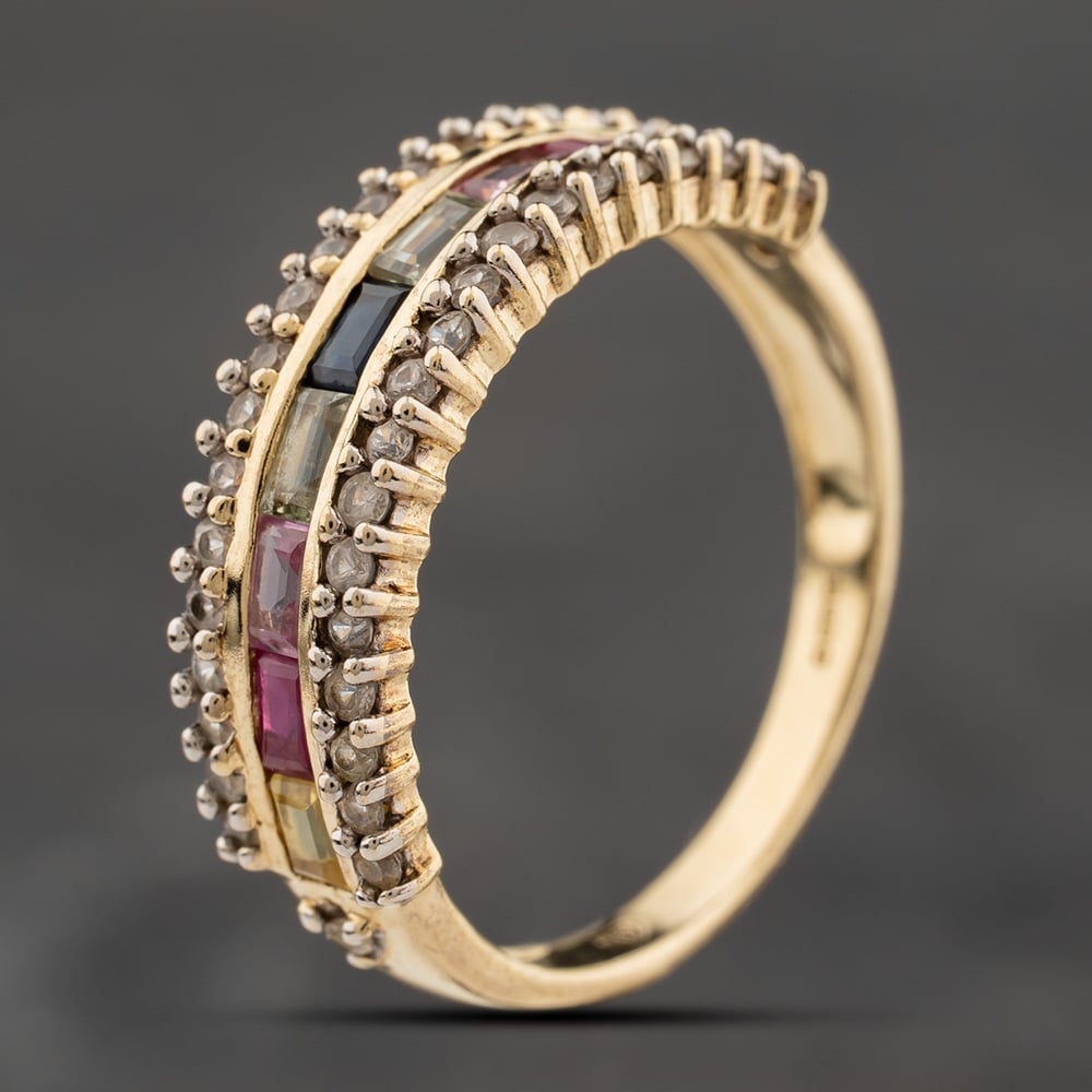Second Hand 9ct Yellow Gold Fancy Coloured Sapphire Three Row Ring 41104246