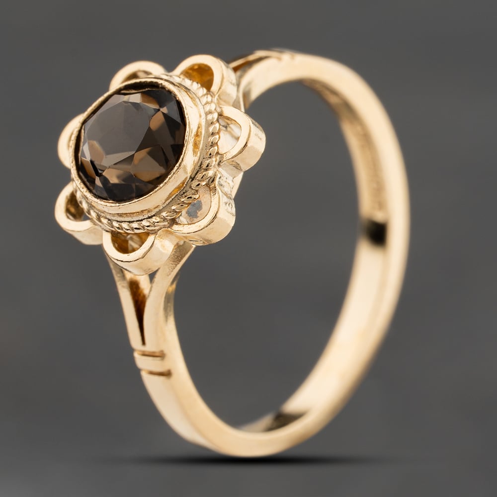 Second Hand 9ct Yellow Gold Smoky Quartz Round Loop Edged Dress Ring 41104269