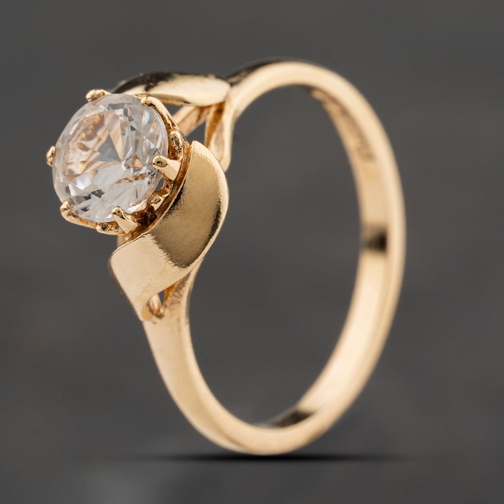 Second Hand 9ct Yellow Gold Cubic Zirconia Single Stone Leaf Detail Dress Ring 41104272