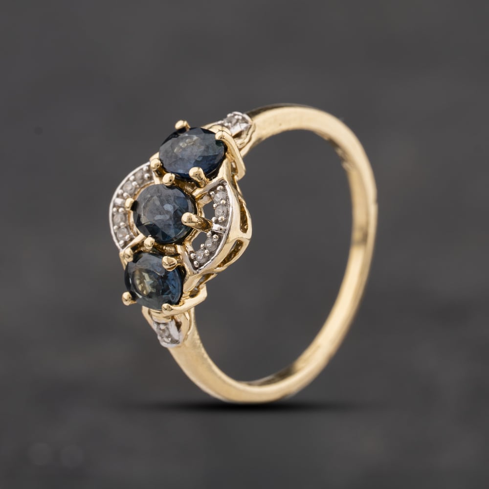 Second Hand 9ct Yellow Gold Sapphire & White Spinels Three Stone Dress Ring 41104295