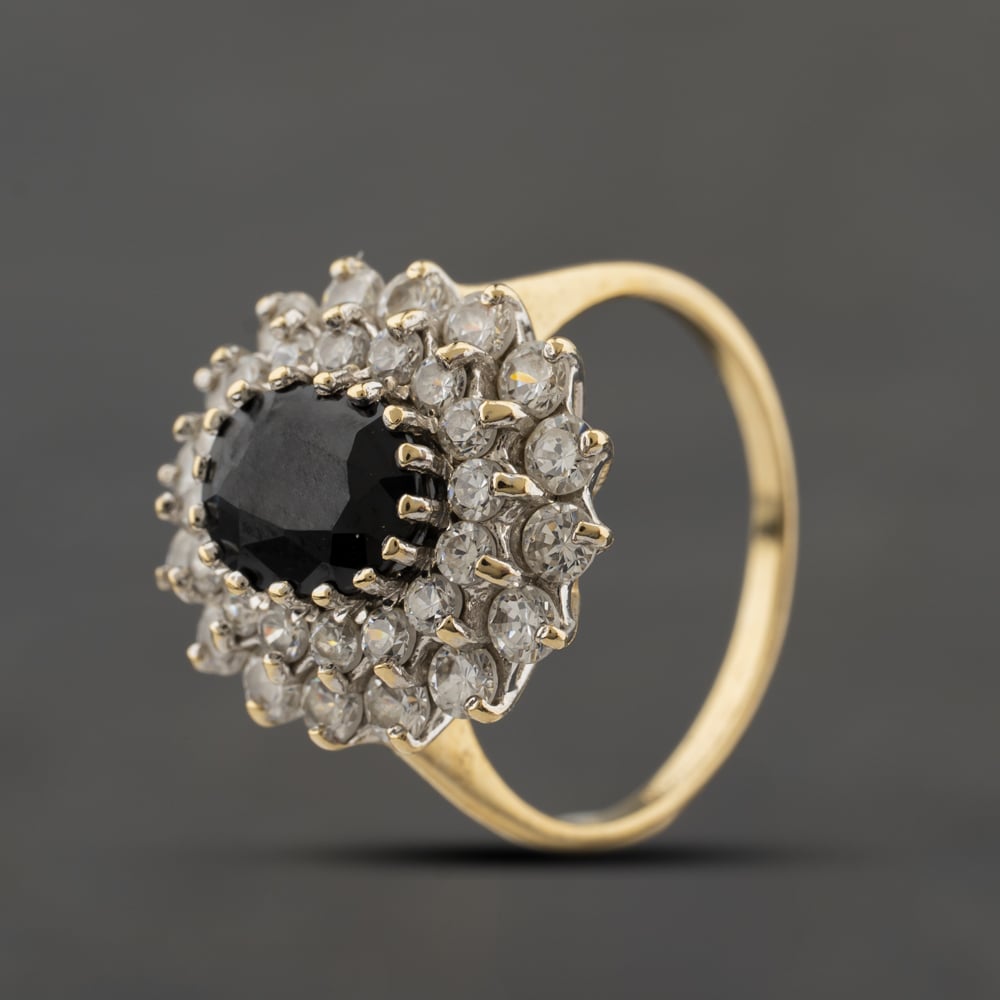 Second Hand 9ct Yellow Gold Sapphire & Cubic Zirconia Oval Tiered Cluster Ring 41104348