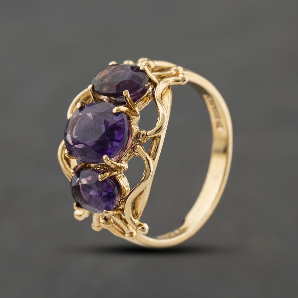 Second Hand 9ct Yellow Gold Amethyst Three Stone Ring 41104403