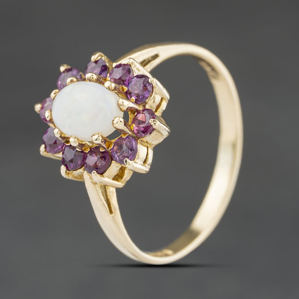 Second Hand 9ct Yellow Gold Opal & Purple Sapphires Oval Cluster Ring 41104404