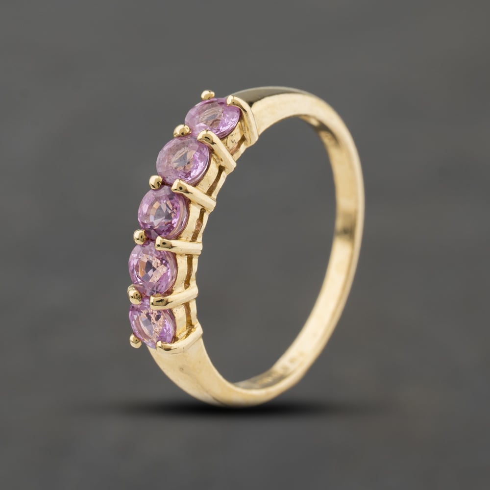 Second Hand 9ct Yellow Gold Pink Cubic Zirconia Five Stone Half Eternity Ring 41104405