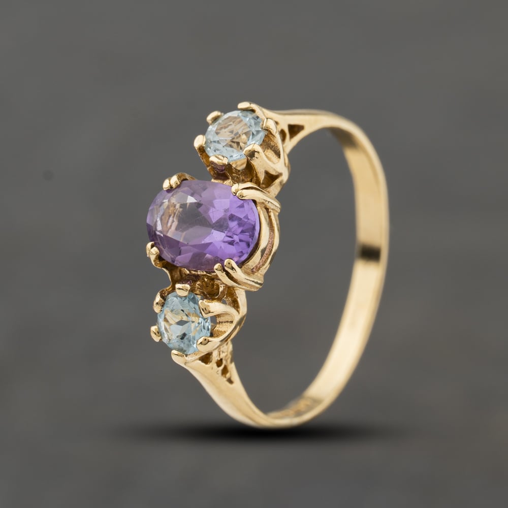 Second Hand 9ct Yellow Gold Amethyst & Blue Topaz Three Stone Ring 41104465