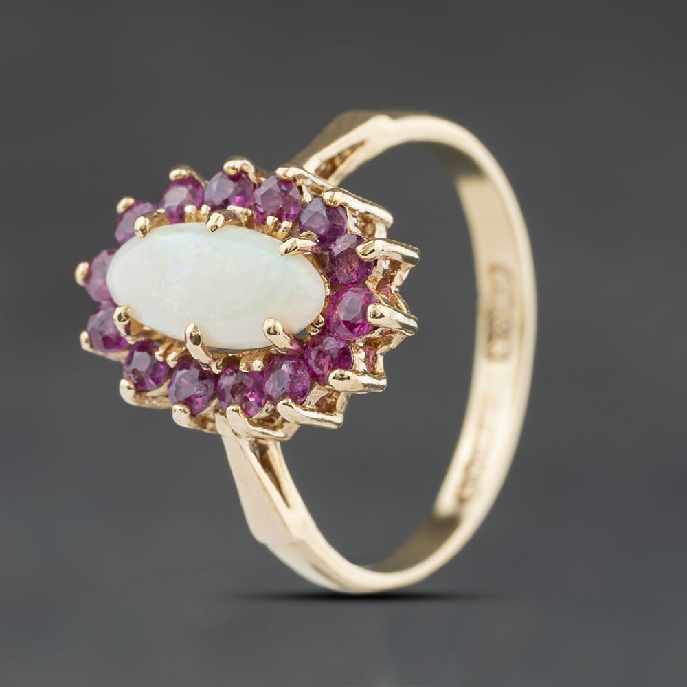 Second Hand 9ct Yellow Gold Opal & Ruby Oval Cluster Ring 41104538