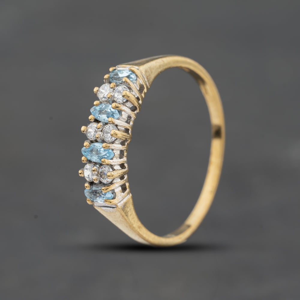 Second Hand 9ct Yellow Gold Blue Topaz & Cubic Zirconia Half Eternity Ring 41104766