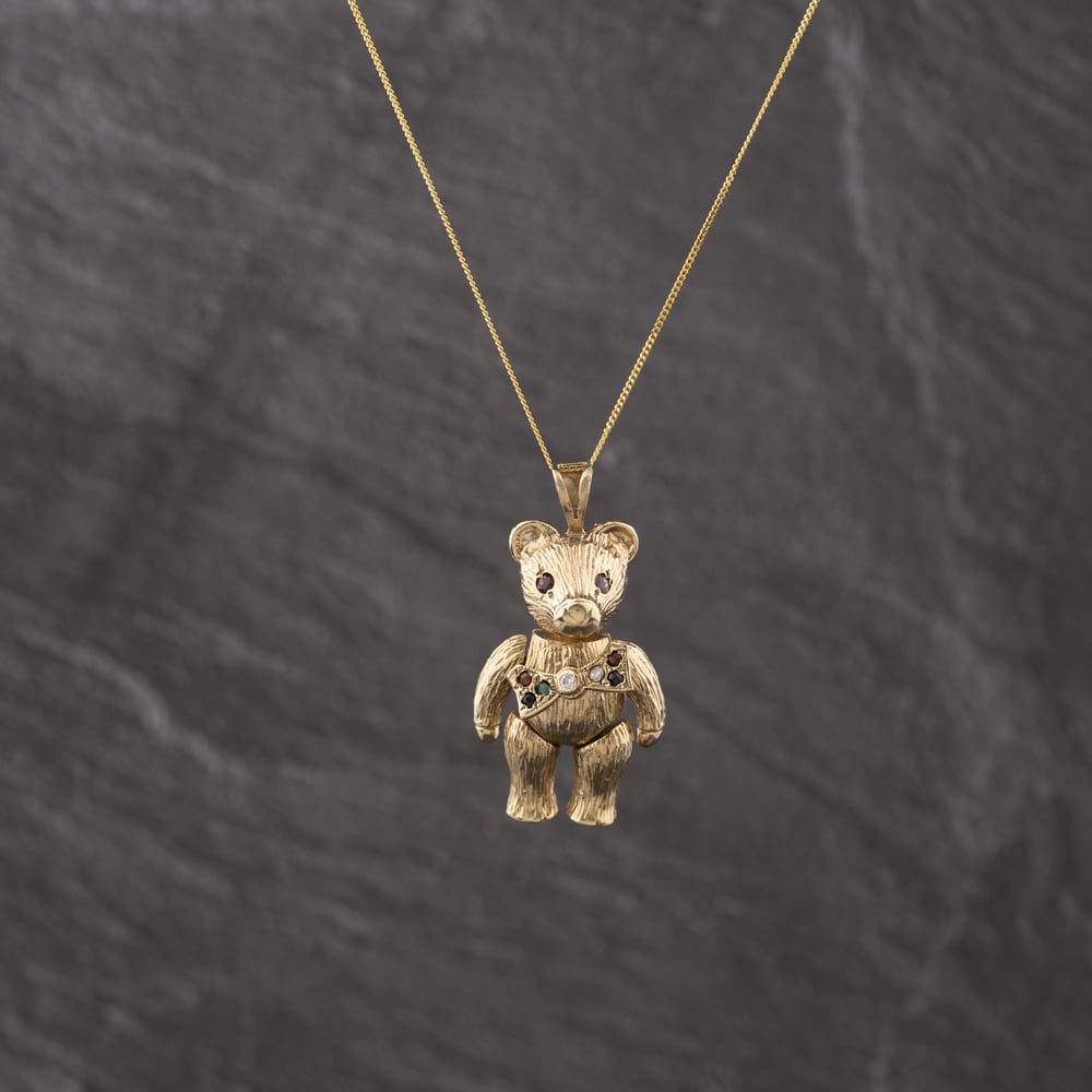 Second Hand 9ct Yellow Gold Multi Stone Articulating Teddy Pendant & 18 Inch Curb Chain 41142949