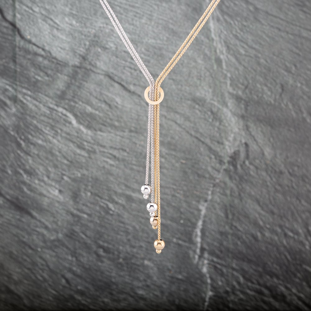 Second Hand 9ct Two Colour Gold Bead Dropper Pendant & 18 Inch Snake Chain 41143075