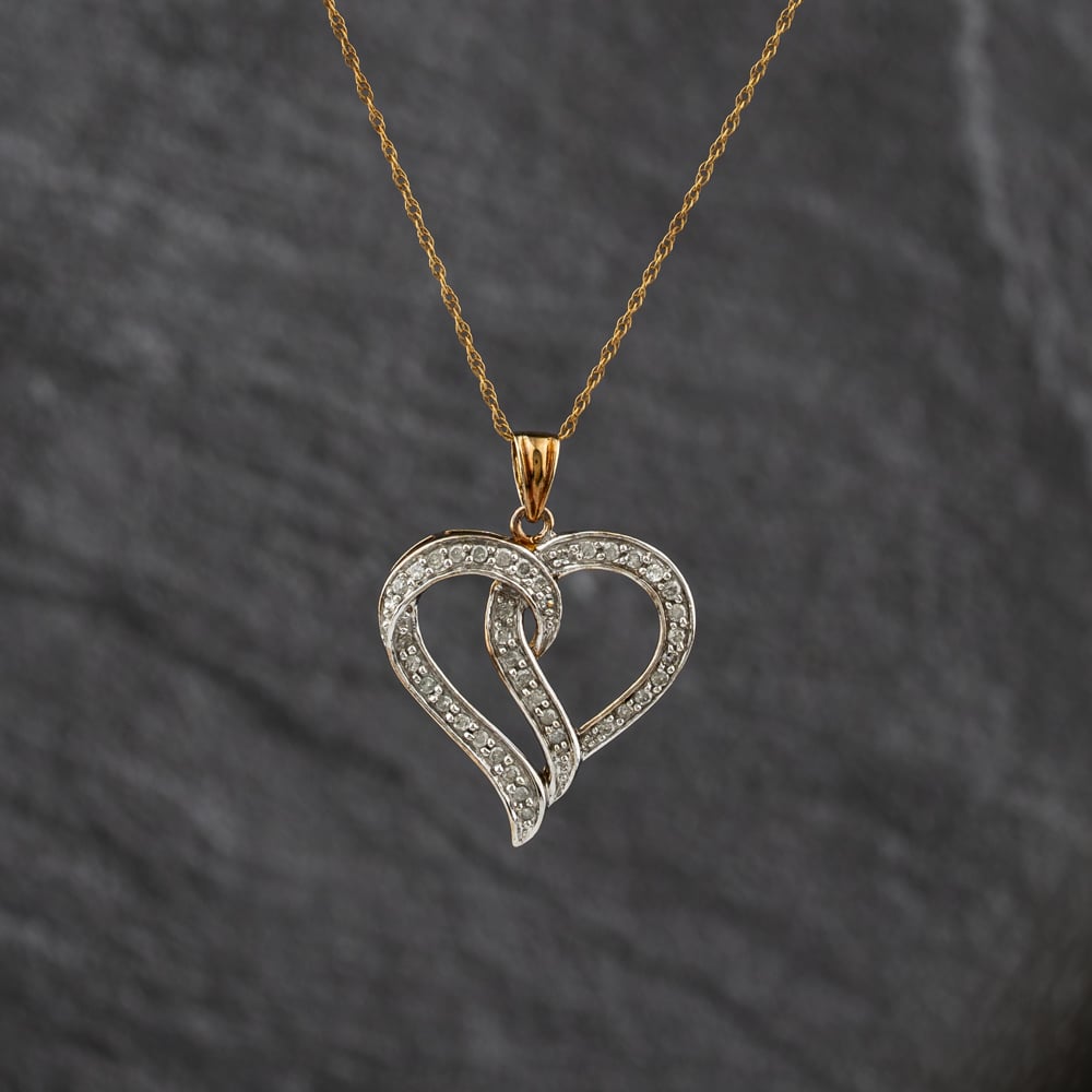 Second Hand 9ct Two Colour Gold 0.25ct Diamond Set Open Heart Pendant & 18 Inch Prince Of Wales Chain 41143344