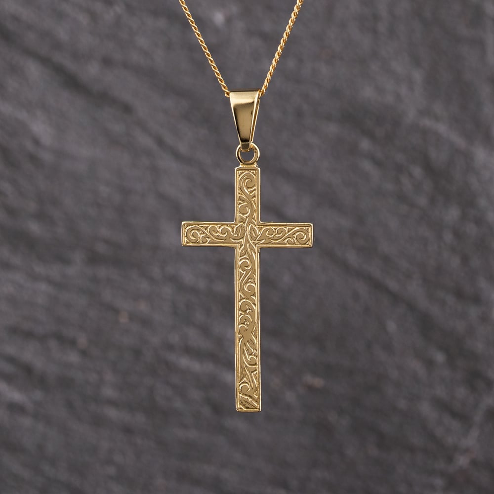 Second Hand 18ct Yellow Gold Patterned Cross Pendant & 18 Inch Curb Chain 41143363