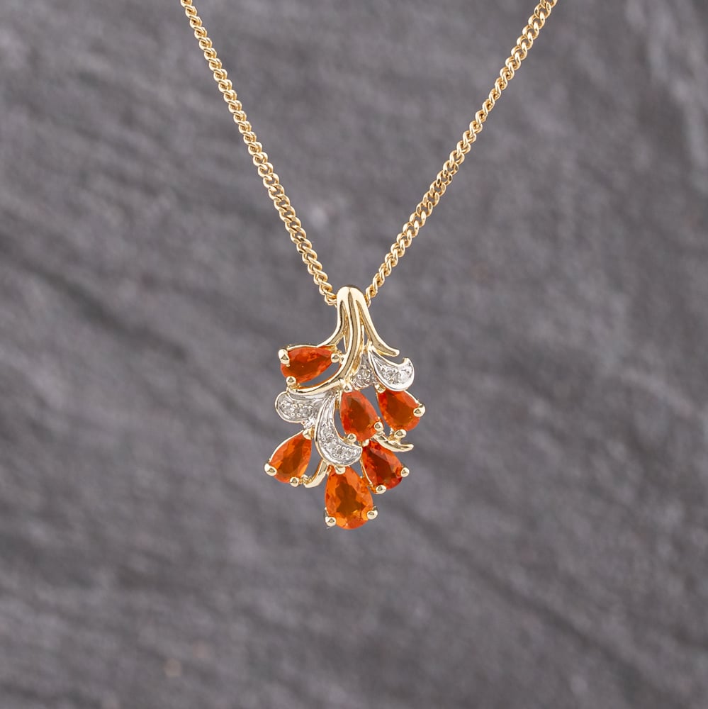 Second Hand 9ct Two Colour Gold Fire Opal & 0.04ct Diamond Cluster Pendant & 24 Inch Curb Chain 41143375