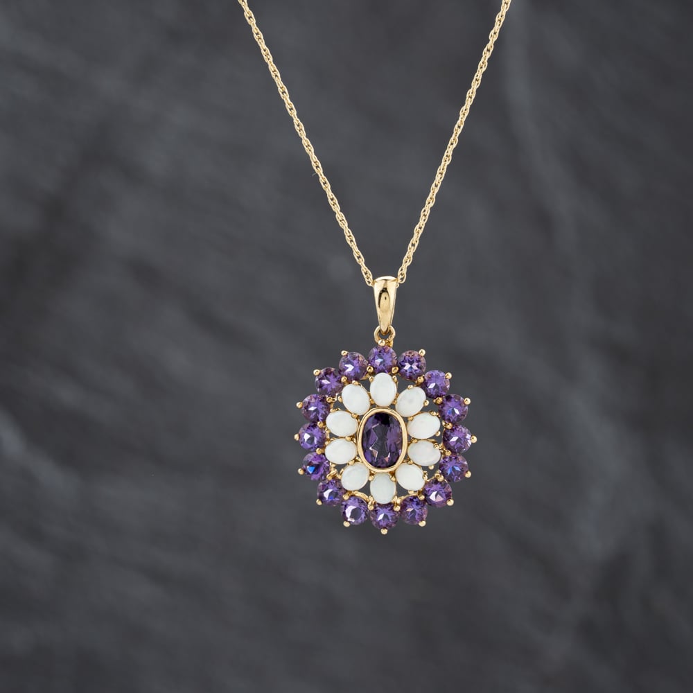 Second Hand 9ct Yellow Gold Amethyst & Opal Halo Cluster Pendant & 18 Inch Prince Of Wales Chain 41143398