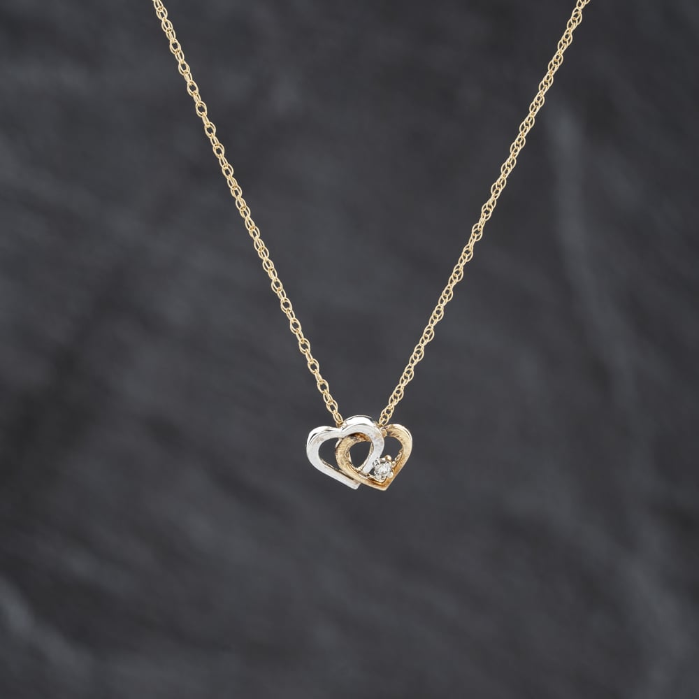 Second Hand 9ct Two Colour Gold Diamond Double Open Heart Pendant & 18 Inch Prince Of Wales Chain 41143402
