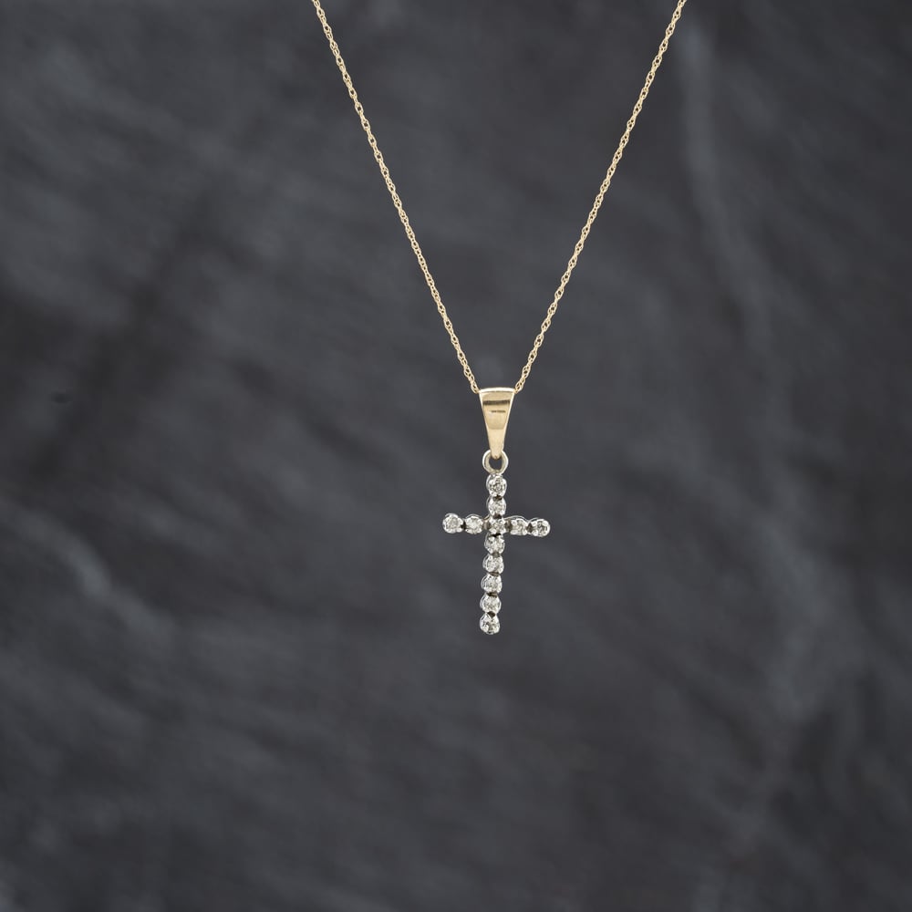 Second Hand 9ct Two Colour Gold Diamond Cross Pendant & 18 Inch Prince Of Wales Chain 41143410