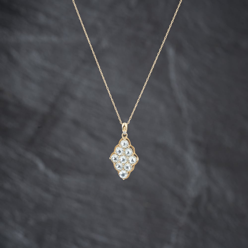 Second Hand 9ct Yellow Gold Blue Topaz & Diamond Marquise Shaped Cluster Pendant & 18 Inch Prince Of Wales Chain 41143414