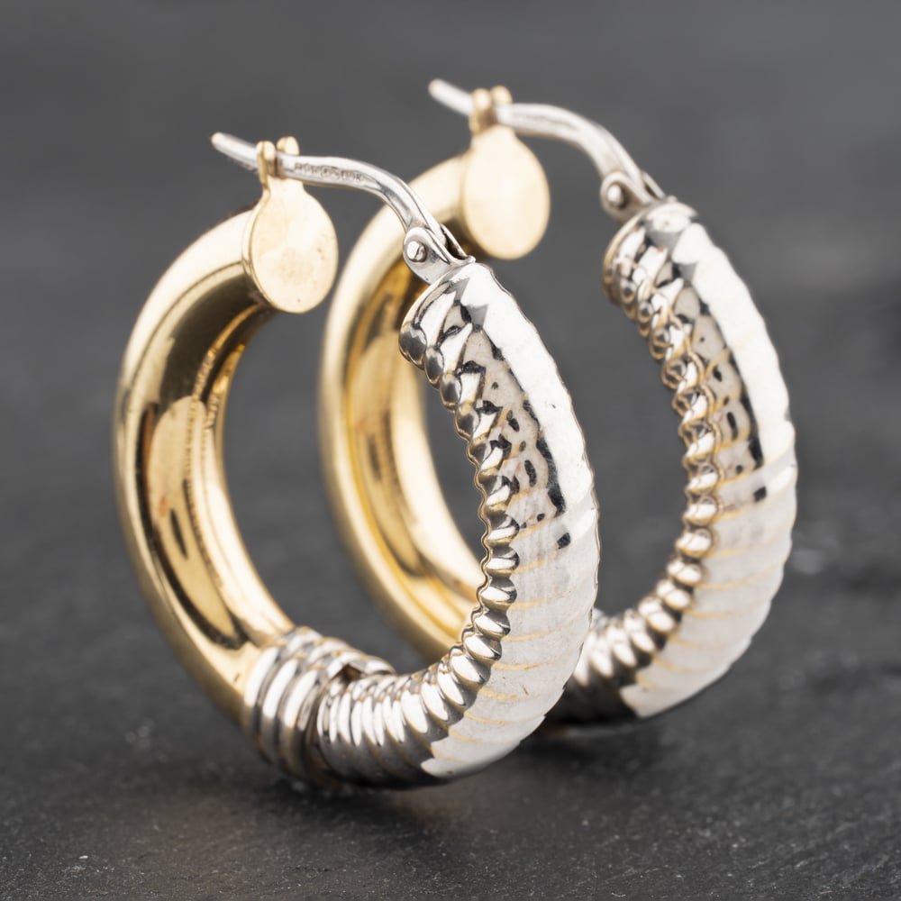 Second Hand 9ct Two Colour Gold 25mm Textured And Plain Hoop Earrings 41172961