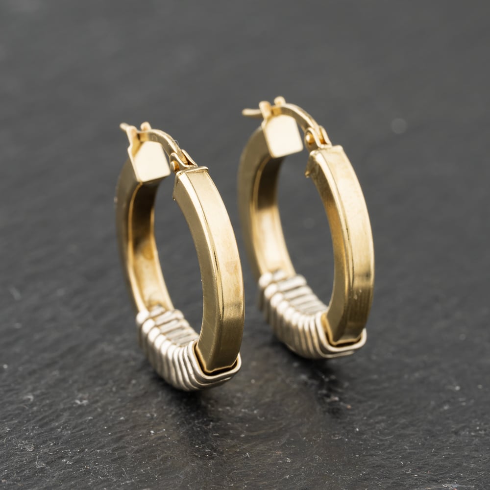 Second Hand 9ct Two Colour Gold 23mm Patterned Hoop Earrings 41173851