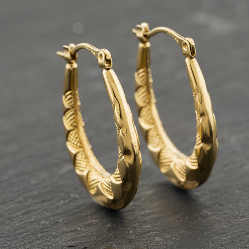 Second Hand Yellow Gold 25.5mm Oval Patterned Creole Earrings 41173932