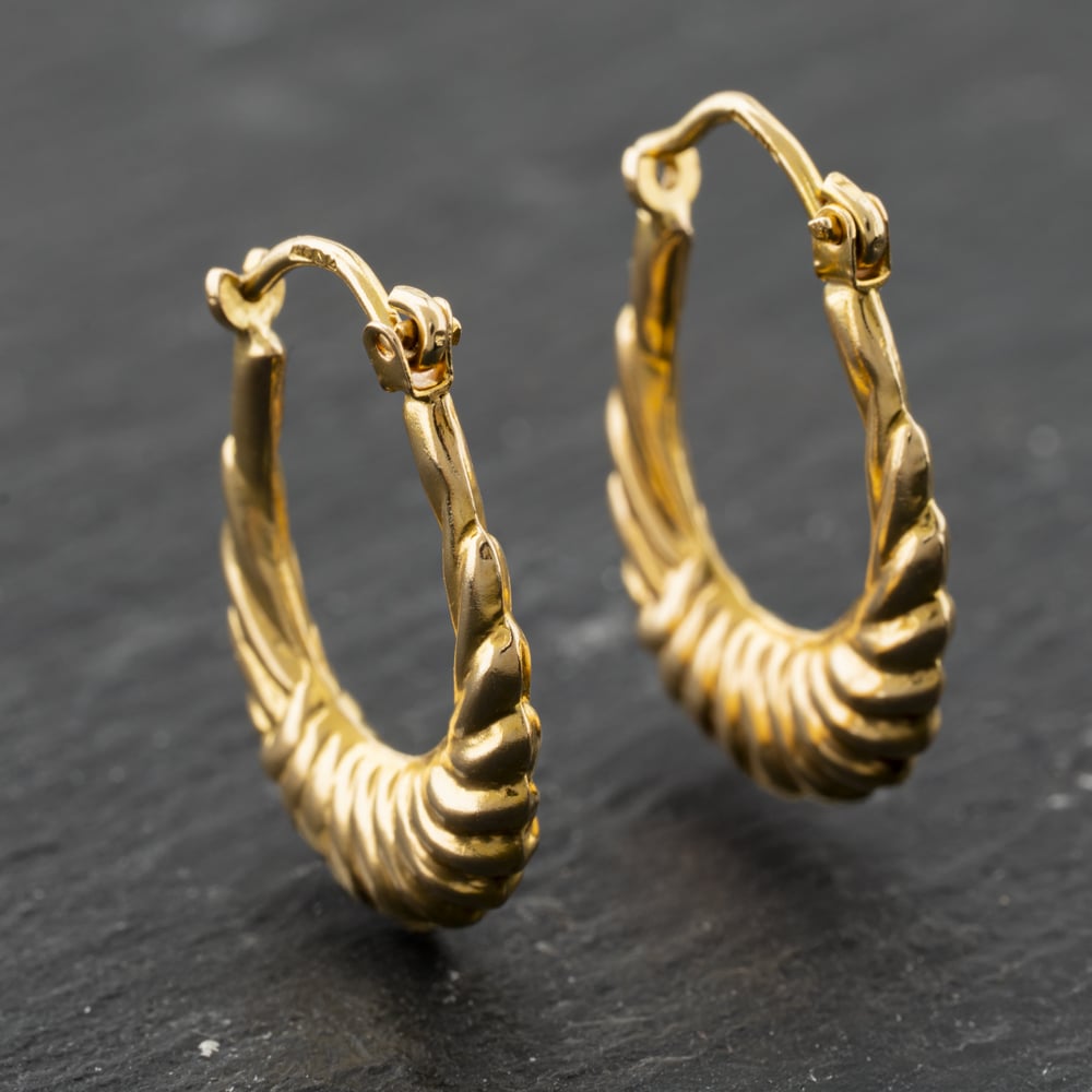 Second Hand 9ct Yellow Gold 19.5mm Oval Ribbed Pattened Creole Earrings 41173936