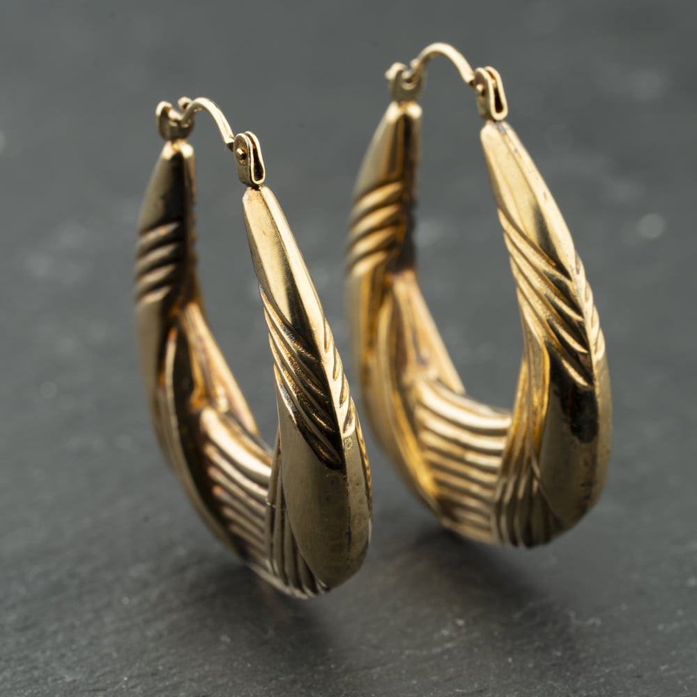 Second Hand 9ct Yellow Gold 33mm Patterned Embossed Creole Earrings 41174123