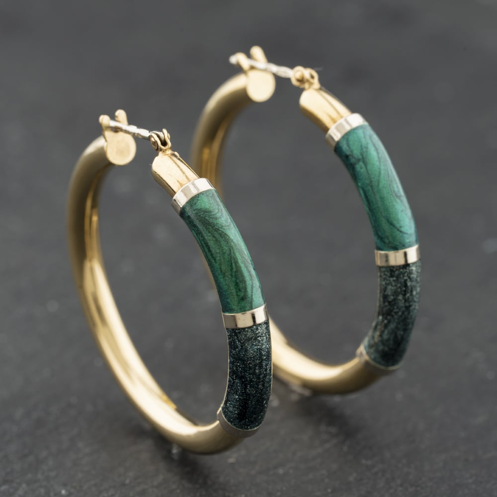 Second Hand 9ct Yellow Gold 31mm Green Enamel Decoration Hoop Earrings 41174245
