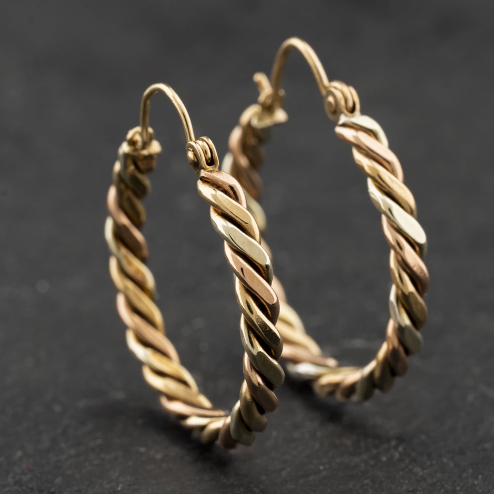 Second Hand 9ct Three Colour Gold 27mm Twisted Hoop Earrings 41174271