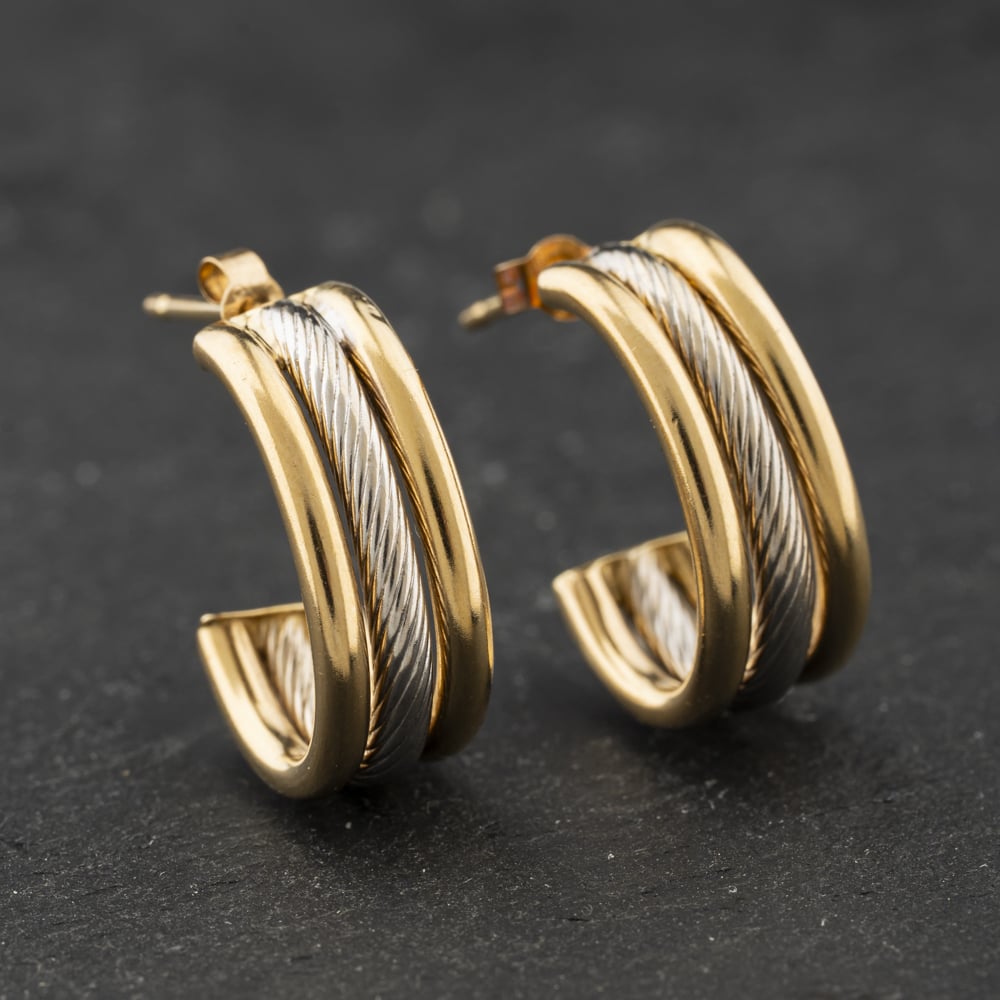 Second Hand 9ct Two Colour Gold 7mm Three Strand Half Hoop Stud Earrings 41174290