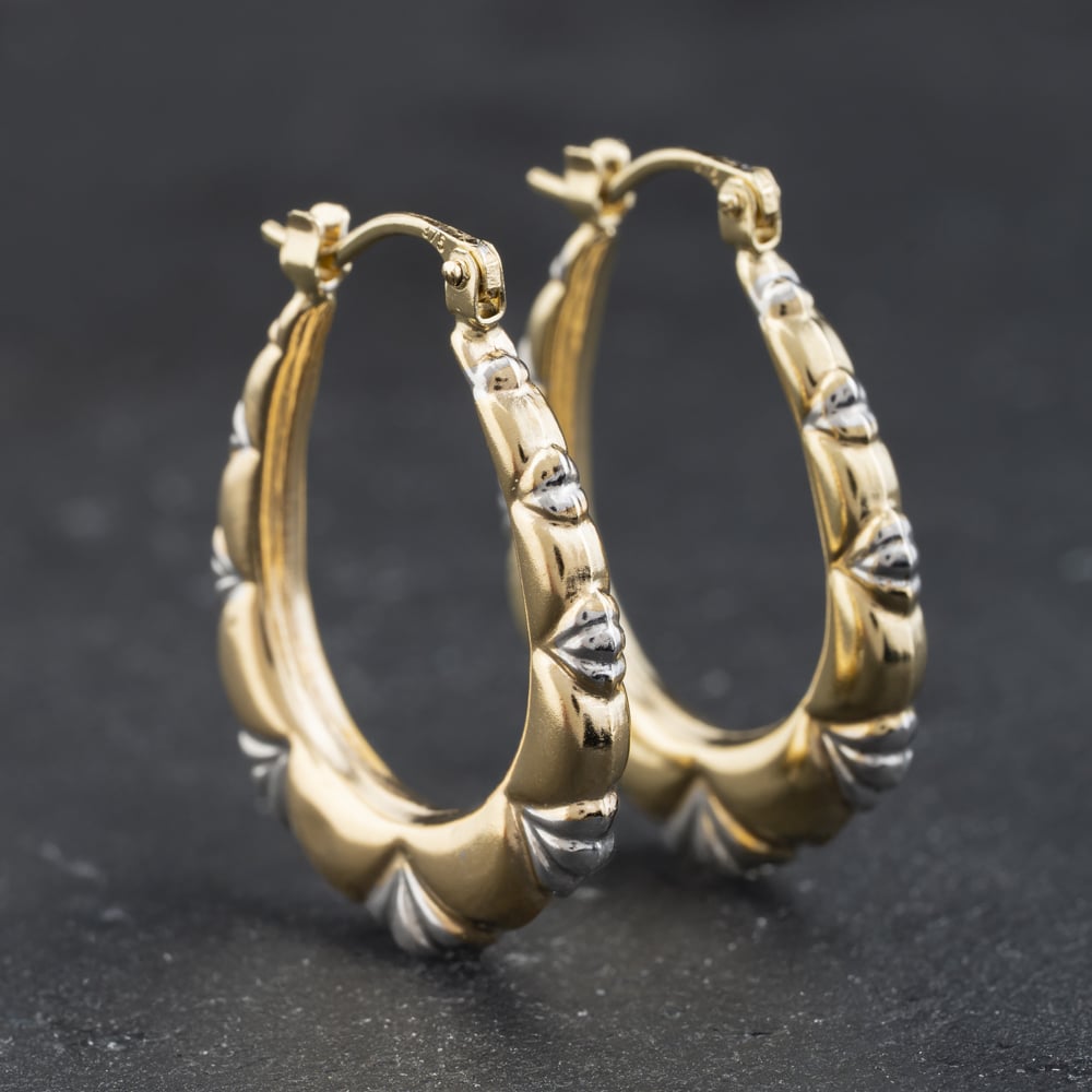Second Hand 9ct Two Colour Gold 27mm Scalloped Edge Creole Earrings 41174306