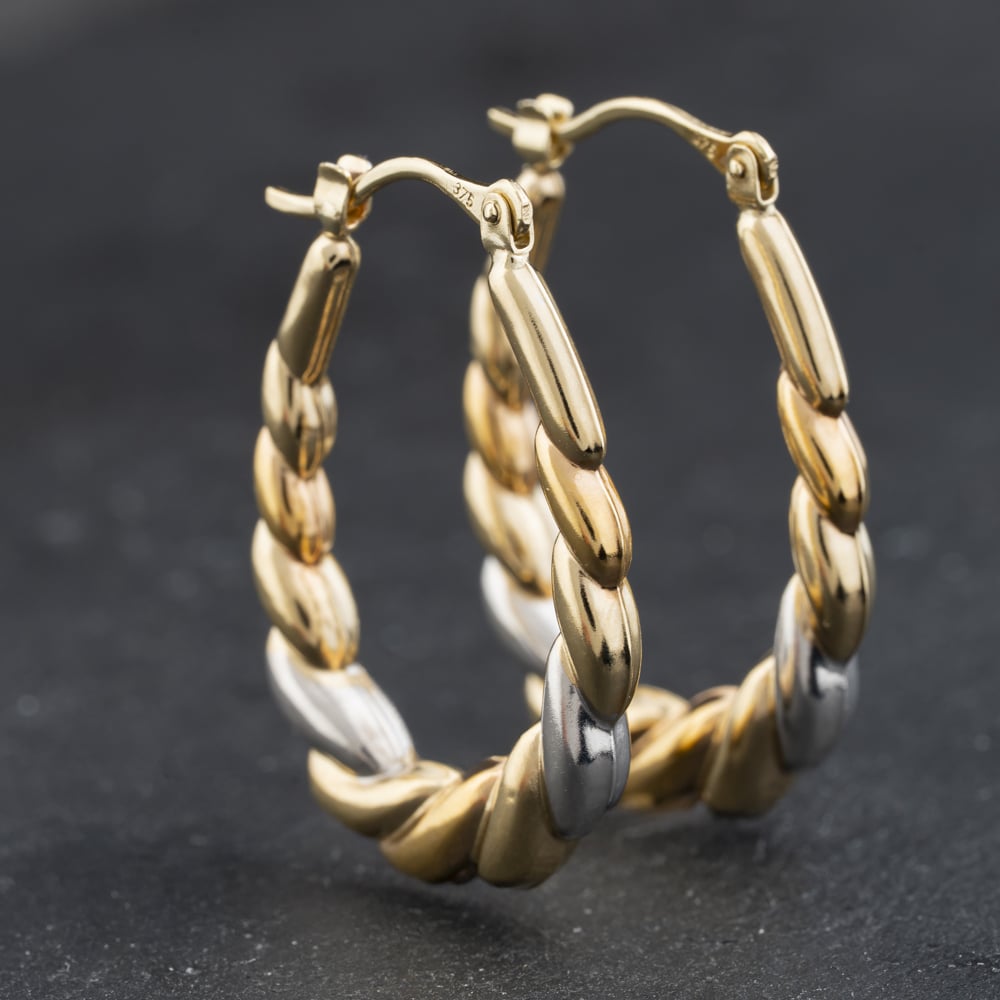 Second Hand 9ct Two Colour Gold 31mm Patterned Creole Earrings 41174307