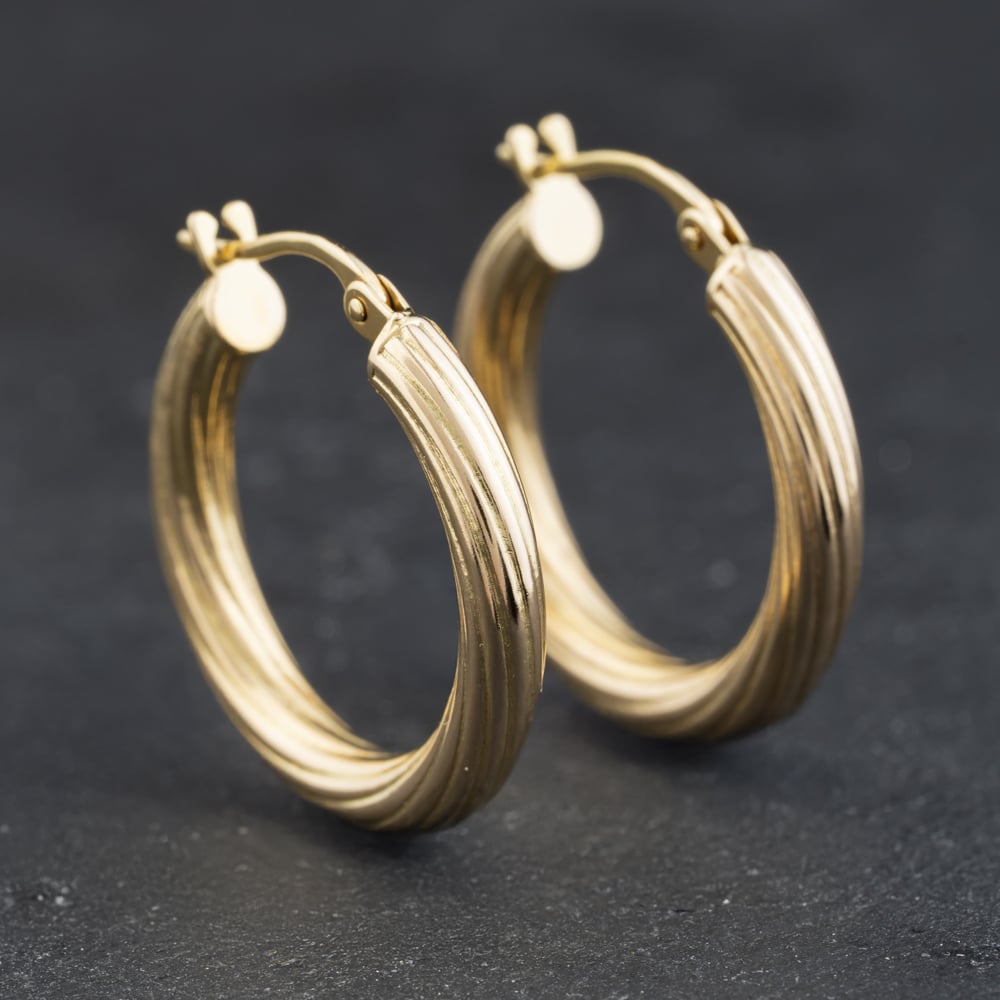 Second Hand 9ct Yellow Gold 22mm Patterned Hoop Earrings 41174308