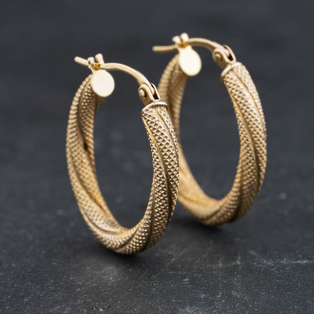 Second Hand 9ct Yellow Gold 22mm Oval Twisted Mesh Textured Creole Earrings 41174311