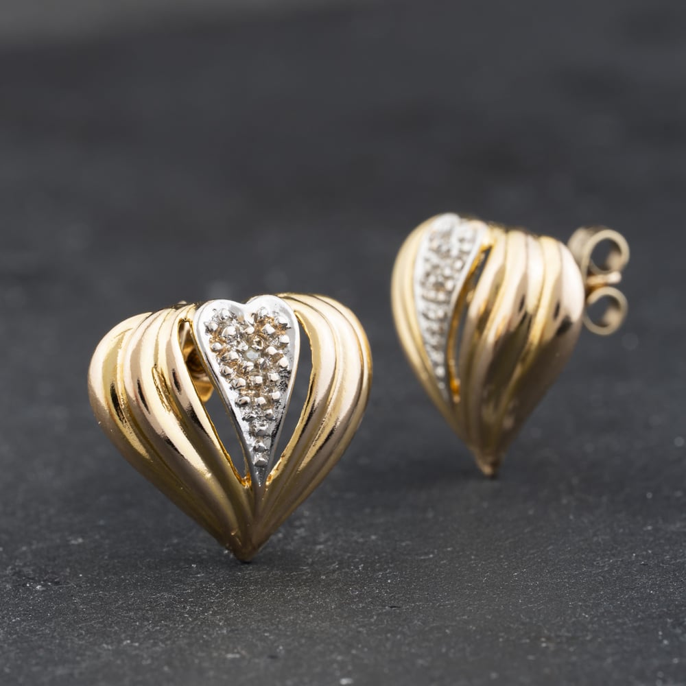 Second Hand 9ct Two Colour Gold 16mm Diamond Textured Heart Shape Stud Earrings 41174321